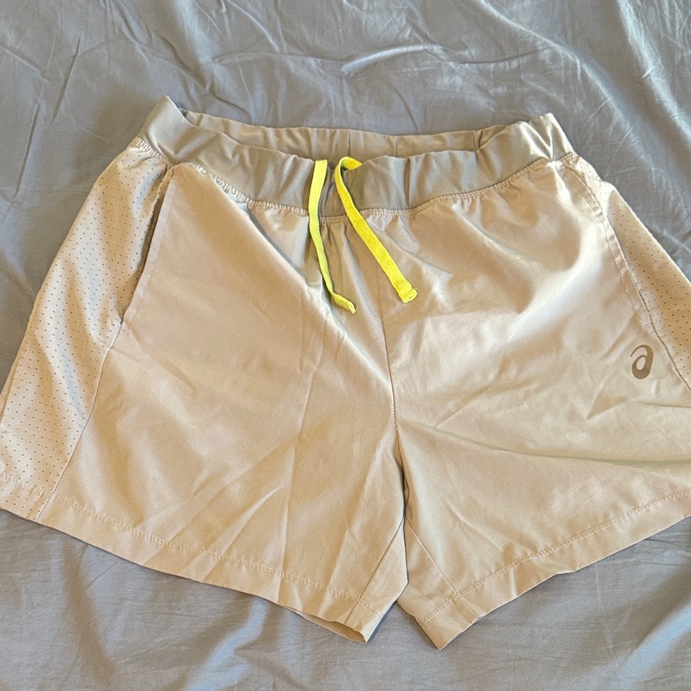 Asics Tan Athletic Shorts with Yellow Accent